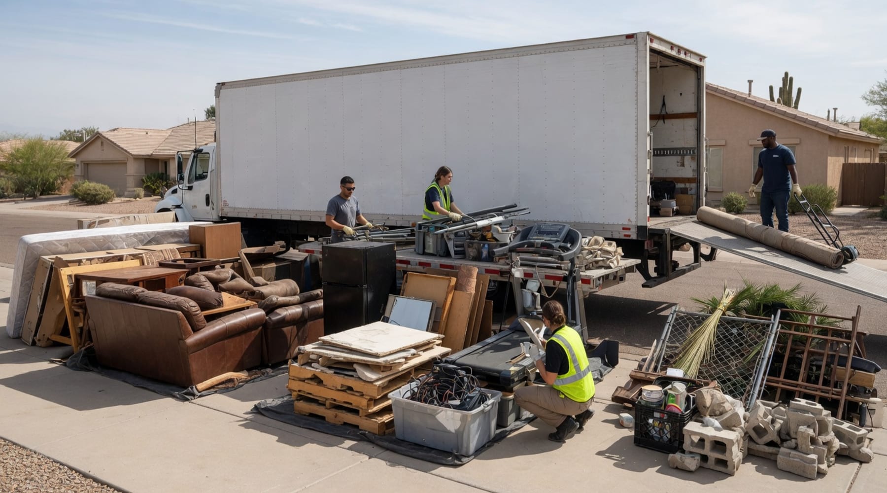 Junk removal quote planning with sorted items and hauling trailer