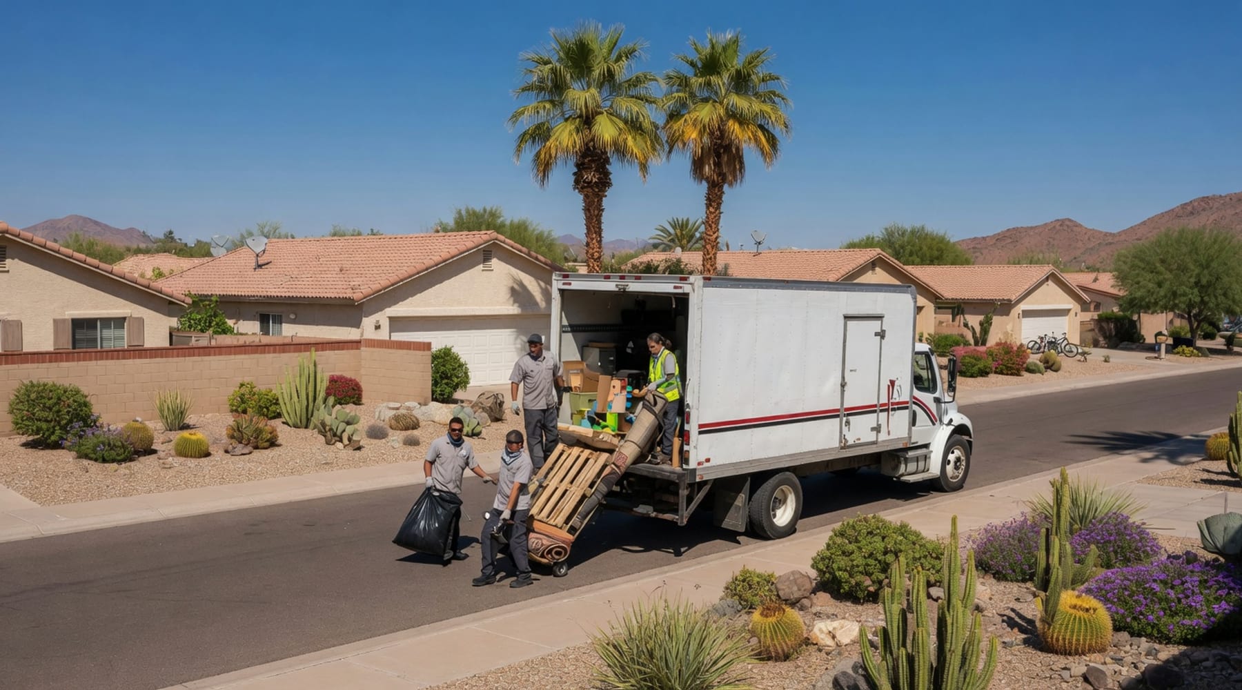 Unbranded junk removal truck in a Phoenix metro neighborhood